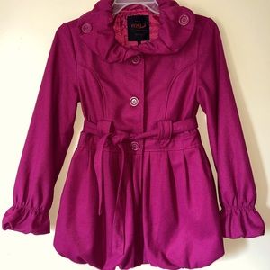 Wool Barbie Fuchsia Pink Ruffled Button Pea Coat